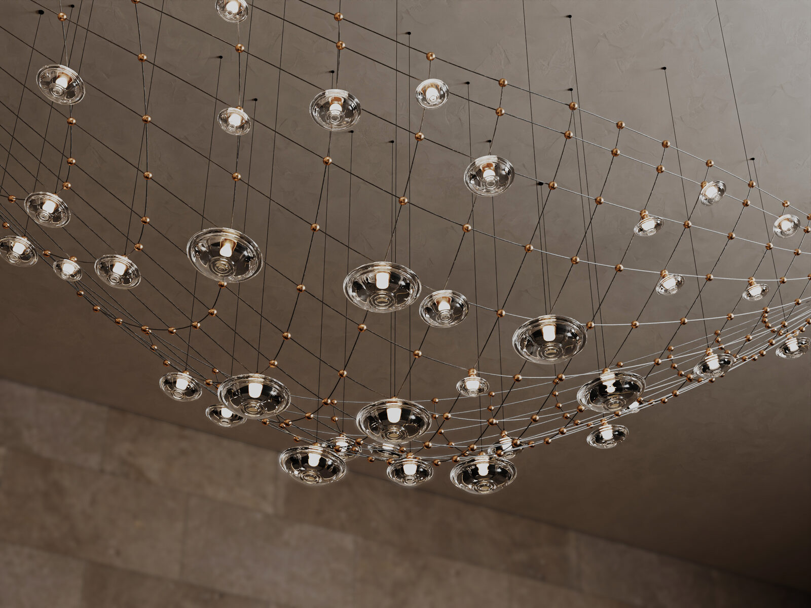 Drewdrops modular lighting system: The mesh from below. Glass modules at three densities.