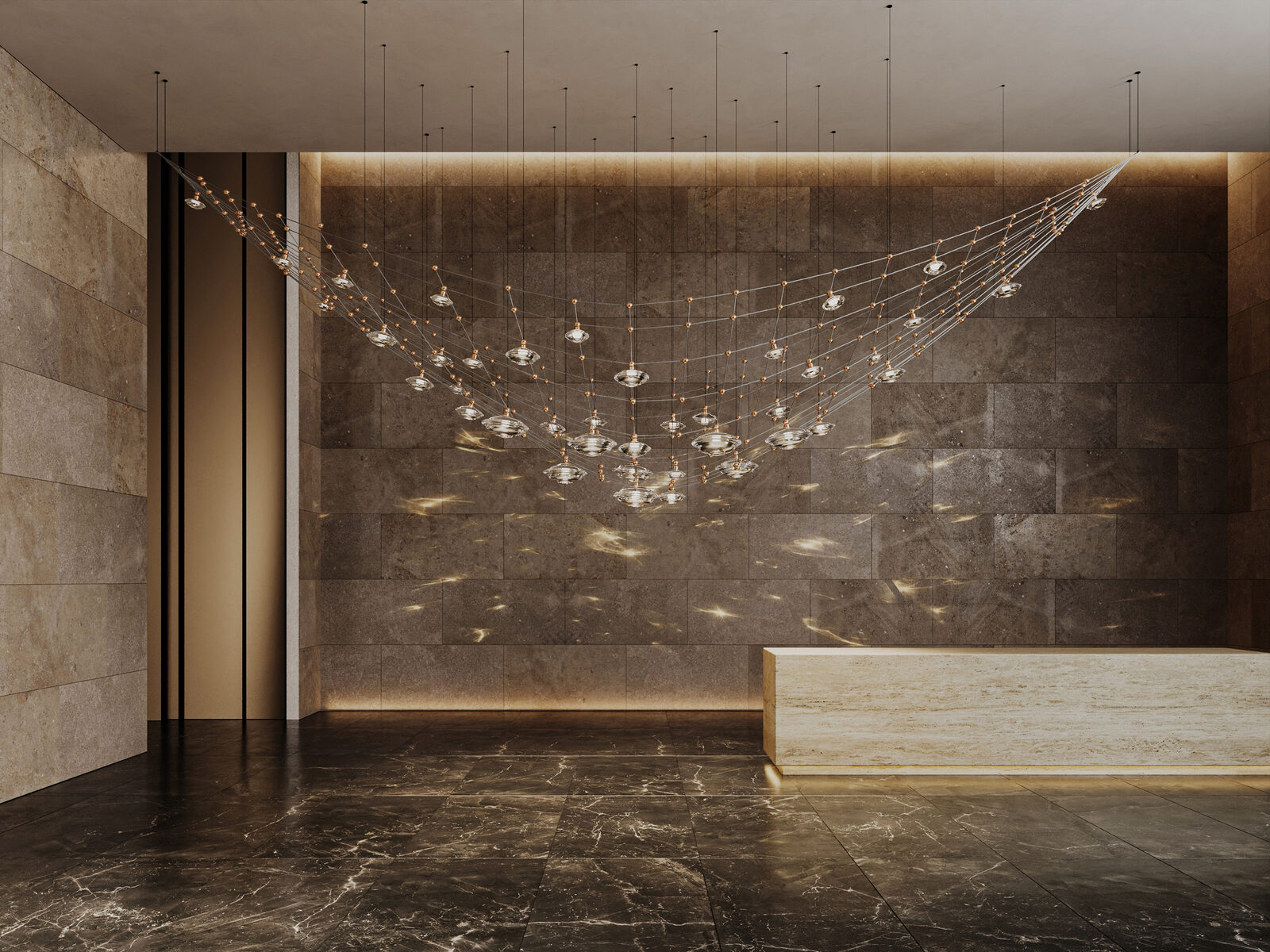 Drewdrops: A hotel lobby. The mesh spans the reception wall and throws moving light onto stone.