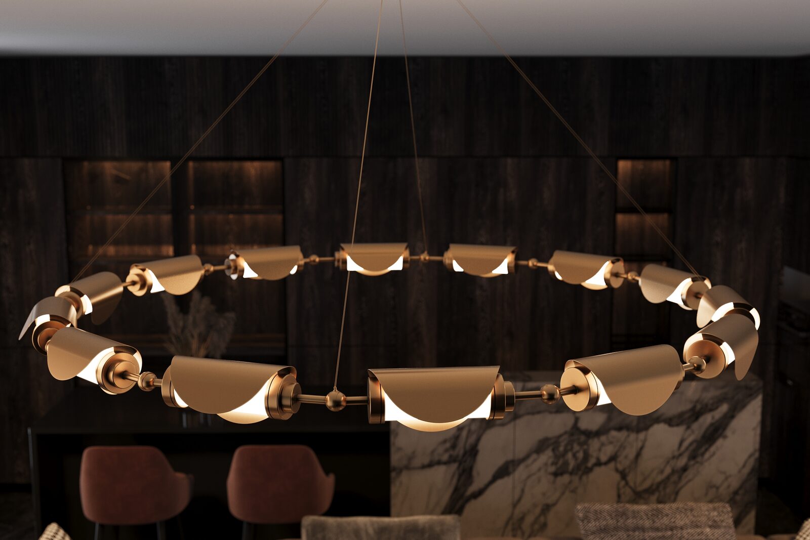 Gloworm articulated lighting: Ring chandelier configuration over a dining table.