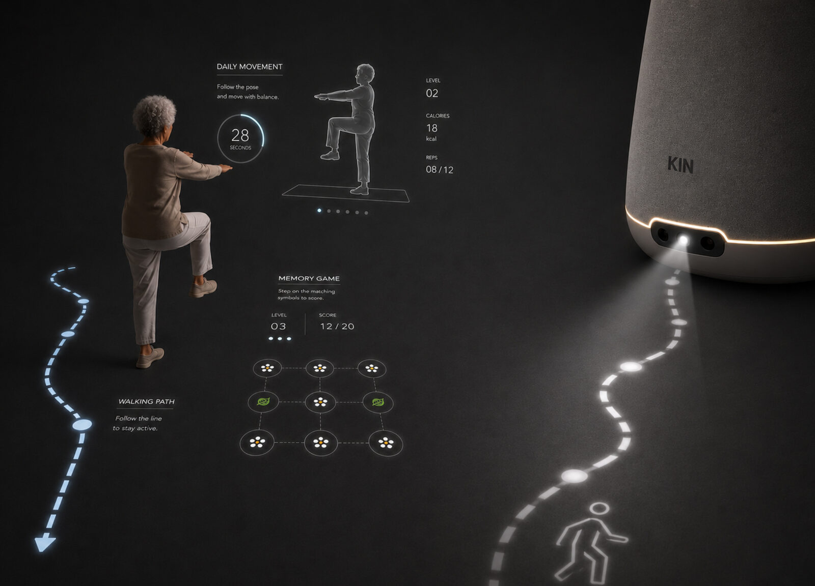 KIN: Floor projection: a walking path and a guided movement exercise, scored against yesterday.