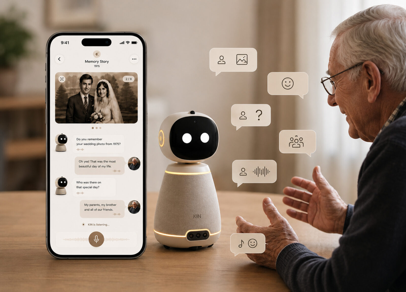 KIN, an AI companion for Alzheimer's care: KIN on a kitchen table. Conversation, with the family app alongside.