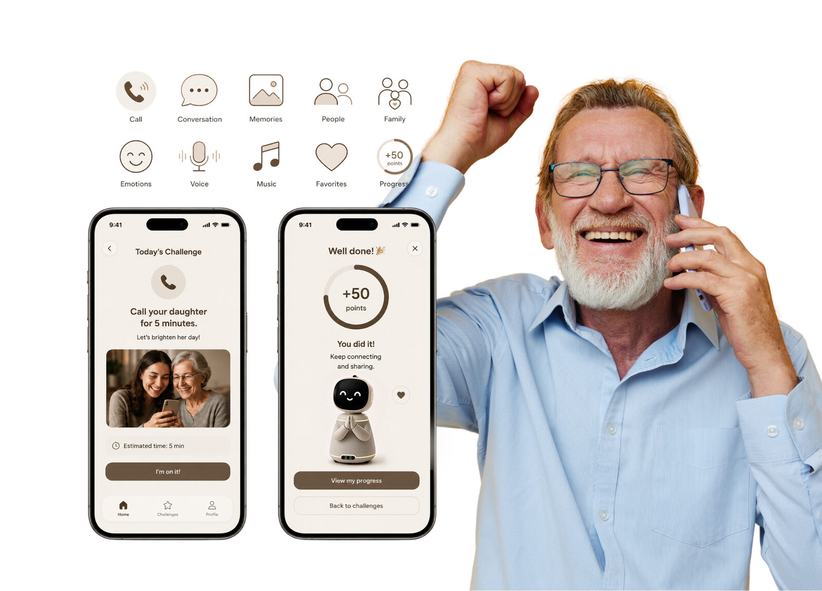 KIN: Family app: today's challenge, points, and a prompt to call a daughter.