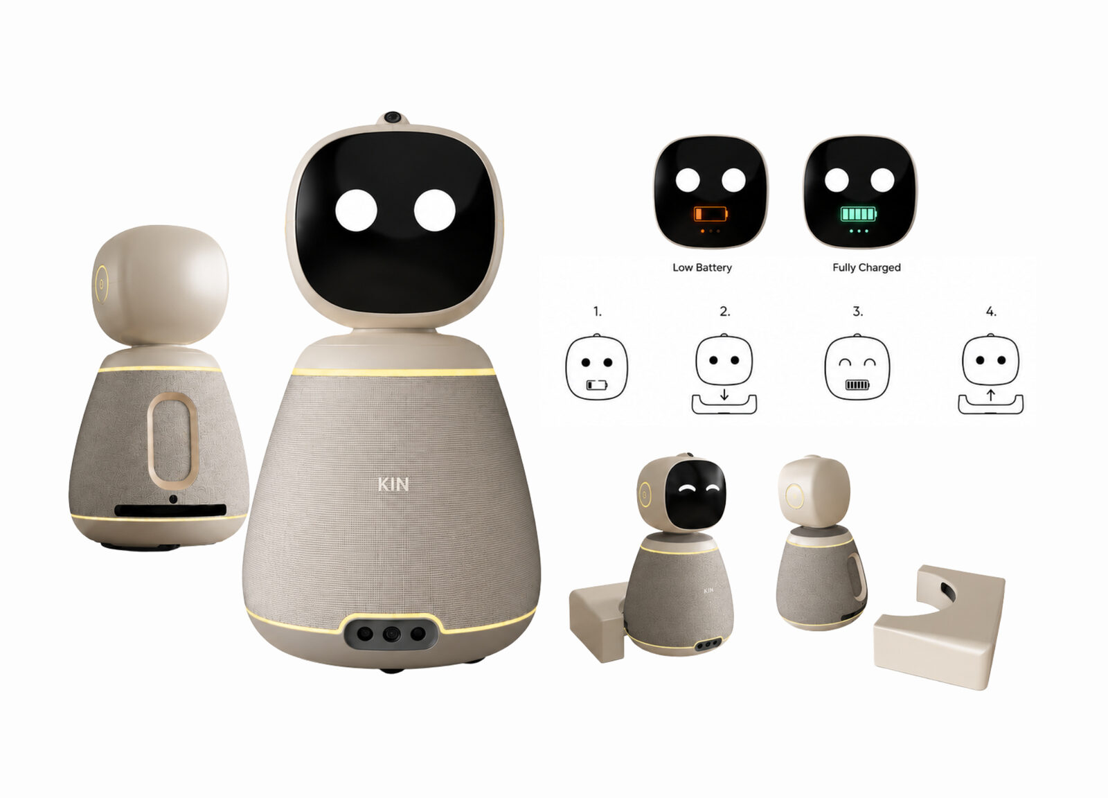 KIN: Two sizes, four expressions, two battery states, and the charging dock.