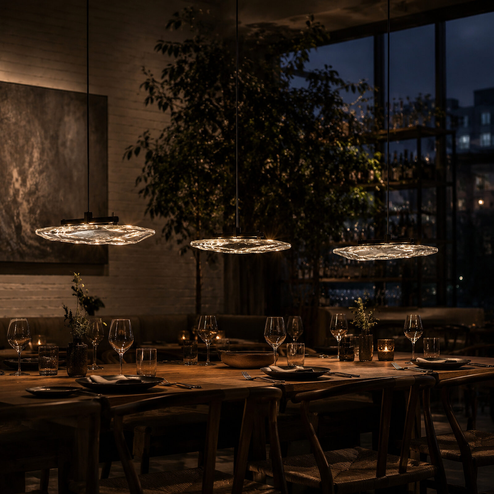 Onda: Three pendants at different heights over a communal table.